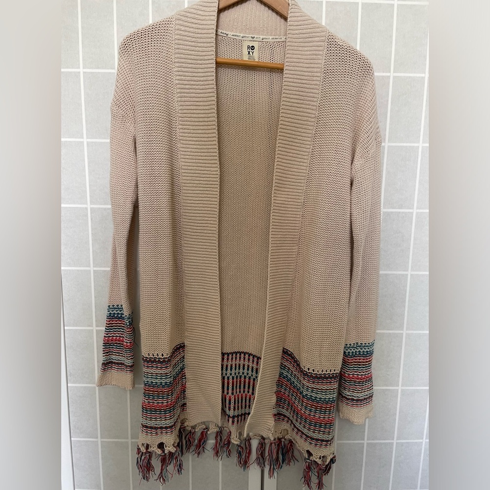 Roxy Open Front Knit Fringes Multicolored Striped Boho Long Cardigan / Small